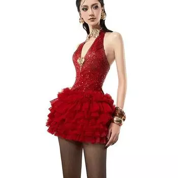 Осенне-зимнее женское однотонное облегающее платье с высокой талией и бретелькой через шею в уличном стиле S красный