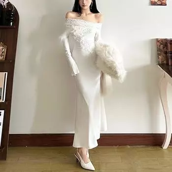 Осенне-зимнее женское однотонное облегающее платье с высокой талией, однотонным воротником и длинными рукавами S белый