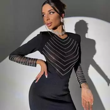 Осенне-зимнее женское однотонное платье с длинным рукавом, сексуальное, с сетчатой строчкой, с открытой спиной и длинными бедрами S чёрный