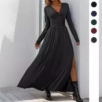 Осенне-зимнее женское однотонное приталенное платье с разрезом S темно-синий