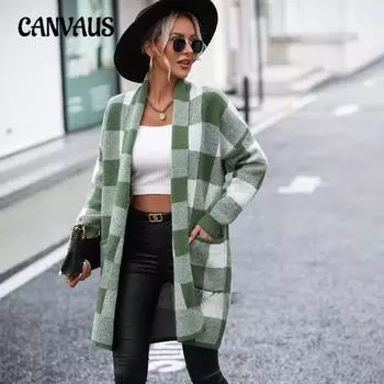 Осенне-зимнее женское пальто больших размеров, свободный клетчатый вязаный кардиган с цветными блоками, модный свитер S зелёный