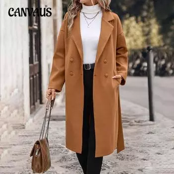 Осенне-зимнее женское пальто, длинный однотонный твидовый жакет S верблюд