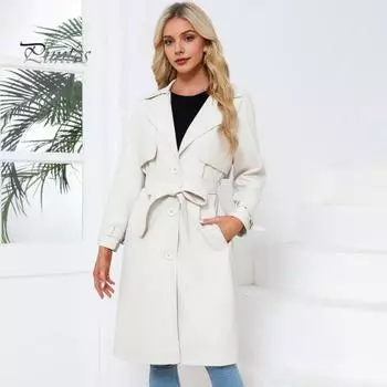 Осенне-зимнее женское пальто из искусственной кожи средней длины, однотонное, со шнуровкой, поясом на талии, застегивающееся на пуговицы, отложным воротником, ветрозащитная куртка для шопинга на открытом воздухе M чёрный