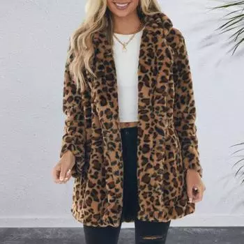 Осенне-зимнее женское пальто из толстого плюша с леопардовым принтом и лацканами с длинным рукавом, ветрозащитное, морозостойкое, с карманами средней длины, кардиган, женское свободное пальто 2XL хаки