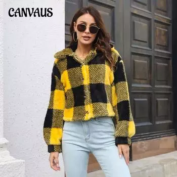 Осенне-зимнее женское пальто, куртка в клетку, двусторонняя бархатная куртка с рукавами-фонариками, свободное короткое пальто с длинными рукавами S чёрный