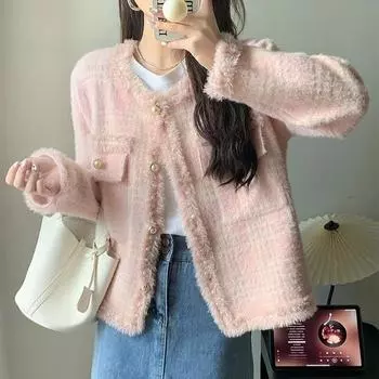 Осенне-зимнее женское пальто, куртки, вязаный кардиган с жемчужной пряжкой, короткая куртка, темпераментный свитер One Size белый