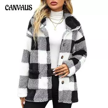 Осенне-зимнее женское пальто, модное однобортное двустороннее повседневное твидовое пальто средней длины в клетку с длинными рукавами и лацканами S чёрный