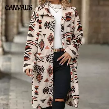 Осенне-зимнее женское пальто, однобортное плюшевое длинное пальто с принтом в этническом стиле S абрикосовый