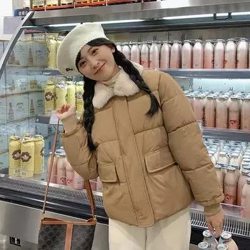 Осенне-зимнее женское пальто, однотонное, с меховым воротником и лацканами, короткое свободное, утолщенное, теплое студенческое пальто S чёрный