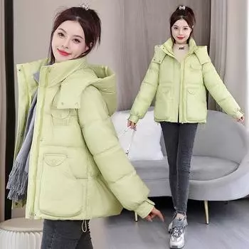 Осенне-зимнее женское пальто однотонное с капюшоном и большим карманом короткое свободное пальто утолщенная теплая студенческая куртка M чёрный