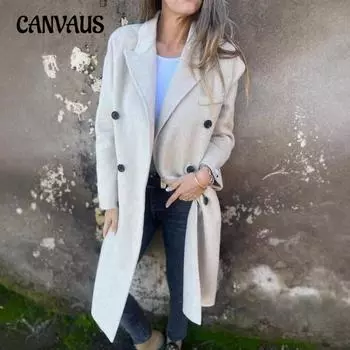 Осенне-зимнее женское пальто повседневное длинное однотонное твидовое пальто на пуговицах S чёрный