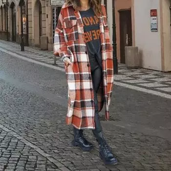 Осенне-зимнее женское пальто рубашечного типа с принтом в клетку, однобортное, с отложным воротником L розовый