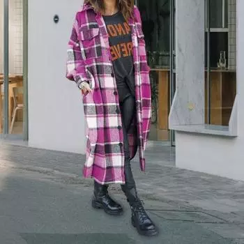 Осенне-зимнее женское пальто рубашечного типа с клетчатым принтом, однобортное, с отложным воротником и нагрудными карманами, с разрезом по низу, свободная, средней длины, повседневная рабочая куртка S розовый