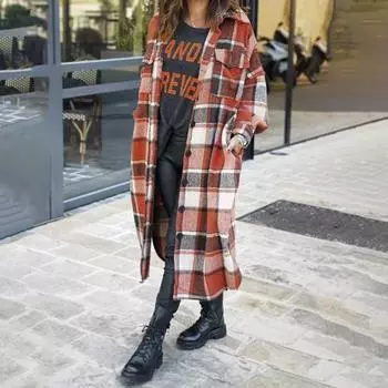 Осенне-зимнее женское пальто рубашечного типа с клетчатым принтом, однобортное, с отложным воротником и нагрудными карманами, с разрезом по низу, свободная, средней длины, повседневная рабочая куртка S розовый