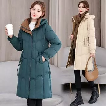 Осенне-зимнее женское пальто с капюшоном и цветными блоками, тонкая утепленная ветрозащитная женская куртка средней длины L зелёный