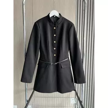 Осенне-зимнее женское пальто с поясом из шерстяной смеси с воротником-стойкой и длинными рукавами XS чёрный
