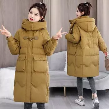 Осенне-зимнее женское пальто с роговыми пуговицами и капюшоном средней длины, свободное пальто, утолщенная теплая женская куртка L чёрный