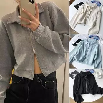 Осенне-зимнее женское пальто с вафельной текстурой, двойной застежкой-молнией, длинными рукавами, отложным воротником, свободная спортивная куртка для школы, повседневная однотонная верхняя одежда M абрикосовый