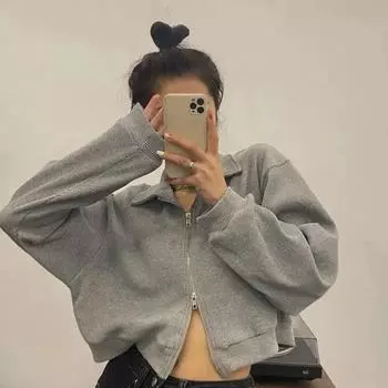 Осенне-зимнее женское пальто с вафельной текстурой, двойной застежкой-молнией, длинными рукавами, отложным воротником, свободная спортивная куртка для школы, повседневная однотонная верхняя одежда M чёрный