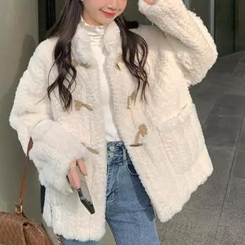 Осенне-зимнее женское пальто со свободным воротником, толстая теплая куртка с хлопковой подкладкой и пряжкой с рогом S бежевый