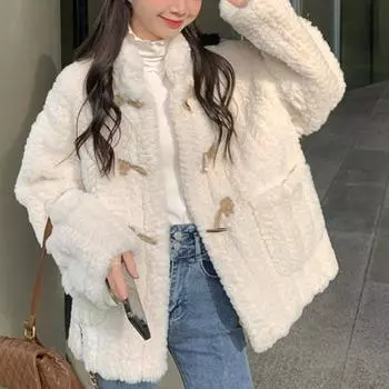 Осенне-зимнее женское пальто со свободным воротником, толстая теплая куртка с хлопковой подкладкой и пряжкой с рогом S бежевый