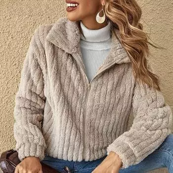 Осенне-зимнее женское пальто, удобное повседневное пушистое пальто в полоску с лацканами, короткое пальто, женское шерстяное пальто S ярко-розовый