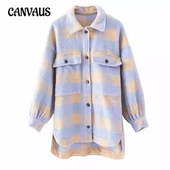 Осенне-зимнее женское пальто в клетку с большими карманами, удлиненный подол, асимметричная куртка S