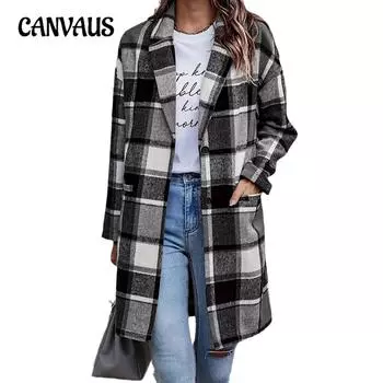 Осенне-зимнее женское пальто в плюшевую клетку средней длины с карманами, пальто в британском стиле, подпальто S чёрный