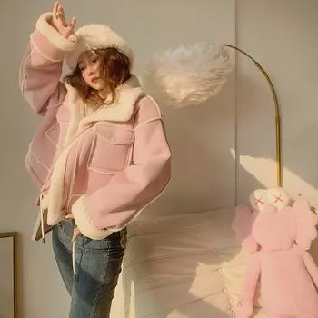 Осенне-зимнее женское пальто высокого класса уникально, супер красивое, замедляющее старение розовое меховое пальто из овечьей шерсти, байкерская куртка S