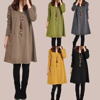 Осенне-зимнее женское платье больших размеров с длинными рукавами и карманами, однотонное свободное платье с V-образным вырезом S жёлтый