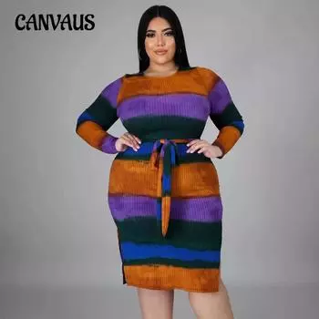 Осенне-зимнее женское платье больших размеров с принтом в полоску и галстуком XL