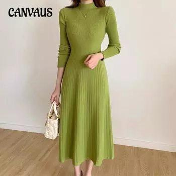 Осенне-зимнее женское платье длиной до колена с полувысоким воротом и внутренней отделкой А-силуэта трикотажное платье One Size чёрный