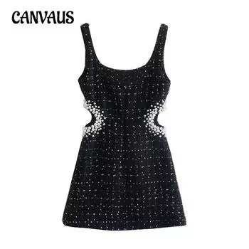 Осенне-зимнее женское платье-халтер с отделкой из искусственного жемчуга и объемным плетением без талии XS чёрный