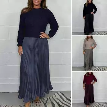 Осенне-зимнее женское платье, имитация двухсекционного трикотажного свитера, плиссированная юбка, лоскутное платье с длинными рукавами и круглым вырезом, А-силуэт, макси-платье 2XL синий