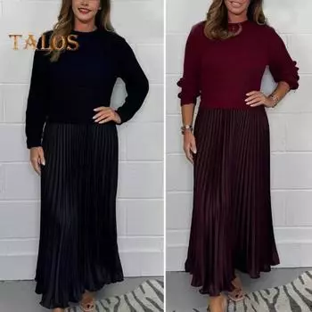 Осенне-зимнее женское платье, имитация двухсекционного трикотажного свитера, плиссированная юбка, лоскутное платье с длинными рукавами и круглым вырезом, А-силуэт, макси-платье 3XL красный