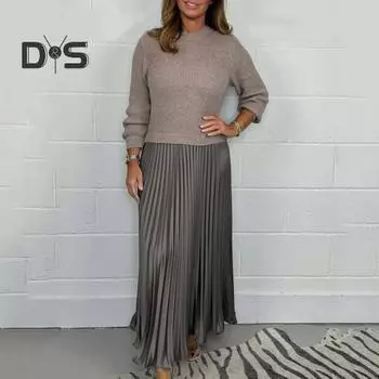 Осенне-зимнее женское платье, имитация двухсекционного трикотажного свитера, плиссированная юбка, лоскутное платье с длинными рукавами и круглым вырезом, А-силуэт, макси-платье 2XL красный