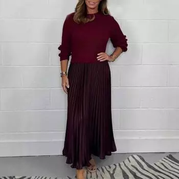 Осенне-зимнее женское платье, имитация двухсекционного трикотажного свитера, плиссированная юбка, лоскутное платье с длинными рукавами и круглым вырезом, А-силуэт, макси-платье S черный коричневый