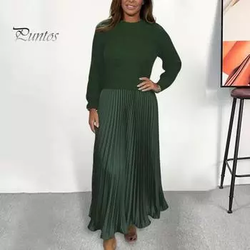 Осенне-зимнее женское платье, имитация двухсекционного трикотажного свитера, плиссированная юбка, лоскутное платье с длинными рукавами и круглым вырезом, А-силуэт, макси-платье S черный коричневый