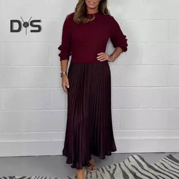 Осенне-зимнее женское платье, имитация двухсекционного трикотажного свитера, плиссированная юбка, лоскутное платье с длинными рукавами и круглым вырезом, А-силуэт, макси-платье S темно-синий