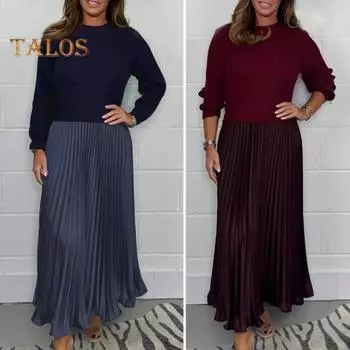 Осенне-зимнее женское платье, имитация двухсекционного трикотажного свитера, плиссированная юбка, лоскутное платье с длинными рукавами и круглым вырезом, А-силуэт, макси-платье S темно-красного