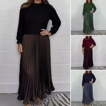 Осенне-зимнее женское платье, имитация двухсекционного трикотажного свитера, плиссированная юбка, лоскутное платье с длинными рукавами и круглым вырезом, А-силуэт, макси-платье S