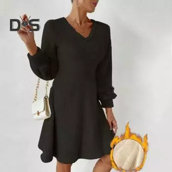 Осенне-зимнее женское платье из плотного плюша с V-образным вырезом, длинными рукавами, однотонное, А-силуэт, свободный подол, теплый уютный пуловер, длиной до колена, женское платье миди M армия зеленый