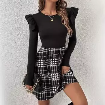 Осенне-зимнее женское платье Элегантное и модное Сетчатый принт «Тысяча птиц» Сращивающиеся оборки Длинные рукава Узкие черные мини-платья S