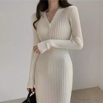 Осенне-зимнее женское платье на пуговицах с v-образным вырезом, трикотажное вечернее белое длинное платье с длинными рукавами, облегающее повседневное элегантное женское платье Harajuku S чёрный