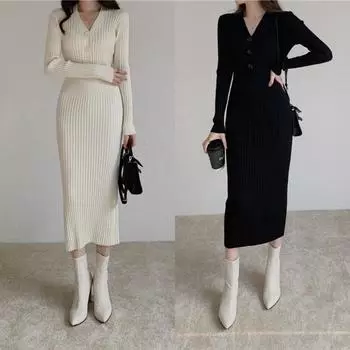 Осенне-зимнее женское платье на пуговицах с v-образным вырезом, трикотажное вечернее белое длинное платье с длинными рукавами, облегающее повседневное элегантное женское платье Harajuku Onesize абрикосовый