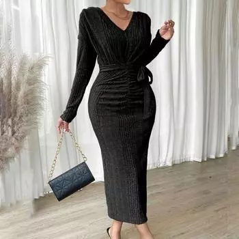 Осенне-зимнее женское платье-пуловер с v-образным вырезом, длинными рукавами и высокой талией, вязаным поясом и шнуровкой XL чёрный