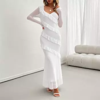 Осенне-зимнее женское платье с длинным рукавом, облегающее сетчатое платье с V-образным вырезом S чёрный