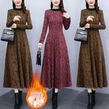 Осенне-зимнее женское платье с круглым вырезом, толстым, с длинными рукавами, с принтом, теплое, мягкое, трапециевидное, со свободным подолом, карманами, длиной до середины икры, платье макси для мамы XL жёлтый