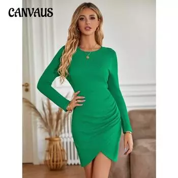 Осенне-зимнее женское платье с круглым вырезом, однотонное, удобное повседневное платье с длинным рукавом и талией S чёрный