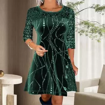 Осенне-зимнее женское платье с круглым вырезом, блестящие лоскутные платья трапециевидной формы со свободным подолом и принтом, мягкое мини-платье длиной выше колена с длинными рукавами L хаки